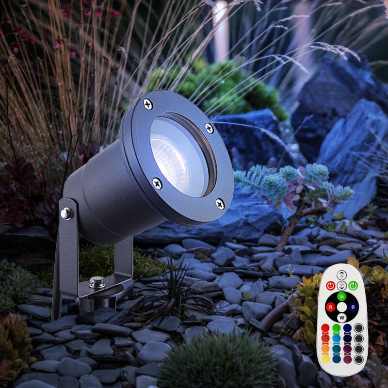 Spot de jardin avec piquet de sol éclairage de chemin électrique extérieur gris lampe d'extérieur avec prise, télécommande dimmable, verre IP65, 1x