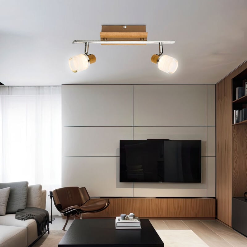 Spot de plafond 2 flammes bois plafonnier orientable applique murale spot led, composé d'interrupteur chromé, 2x led 5W 380Lm blanc chaud, l 35 cm