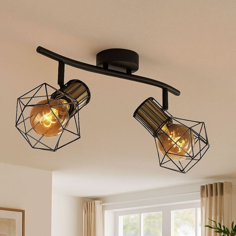 Spot de plafond, 2 flammes, plafonnier noir, métal noir, plafonnier rétro, 2 spots, orientable, couleur laiton, 2x E27, LxlxH 34x13x19 cm
