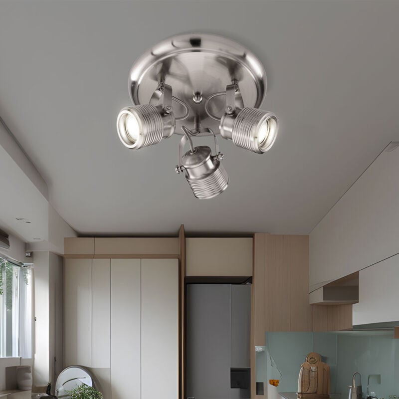 Spot de plafond 3 flammes lampe rétro plafond de salon plafonnier 3 spots rond, orientable, métal nickel mat, 3x douilles GU10, DxH 25x15 cm
