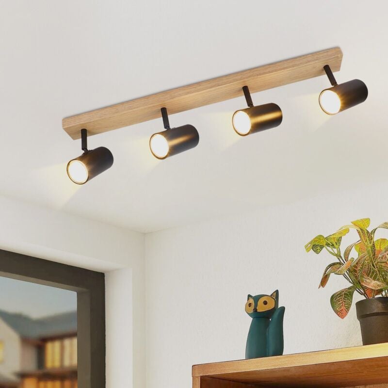 Gbly - Spot de Plafond 4 Ampoules Plafonnier en Bois Spots de Plafond Noir GU10 Lampe de Couloir Pivotant 350° Plafonnier Vintage Couloir pour Salon