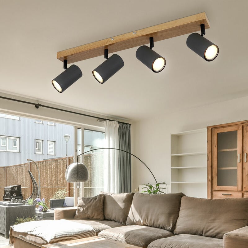 Spot de plafond 4 flammes plafonnier aspect bois GU10 plafonnier salon avec spots orientables, métal, 4x GU10, LxlxH 56x6x12 cm