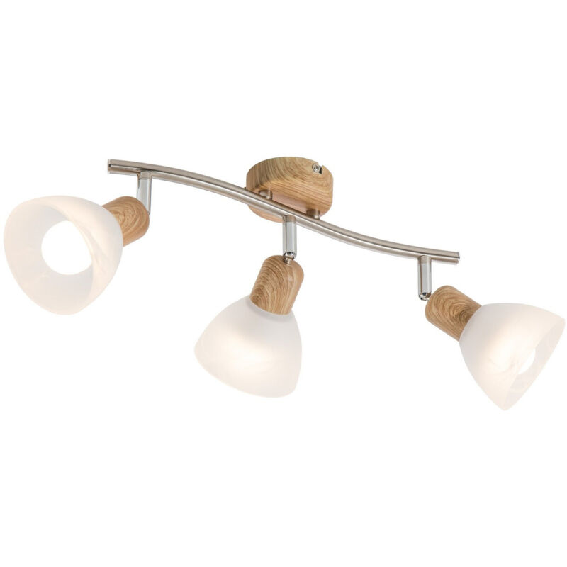 Spot de plafond en forme de barre, aspect bois, abat-jour en verre optique albâtre, 3 ampoules E14 3 000 K Spot de plafond en forme de barre, aspect bois, abat-jour en verre optique albâtre, 3 ampoules E14 3 000 K