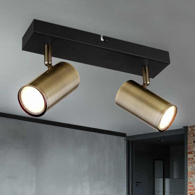 Spot de plafond Lampe de chambre à coucher Spot bar, 2 flammes, design rétro, spot orientable, métal laiton, noir, 2x douille GU10, LxPxH 26x6x12 cm