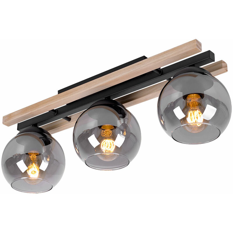 Spot de plafond lampe en bois 3 flammes plafonnier plafonnier lampe de chambre, verre fumé, métal mdf marron clair, 3x douille E27, LxH 60 x 20,5 cm