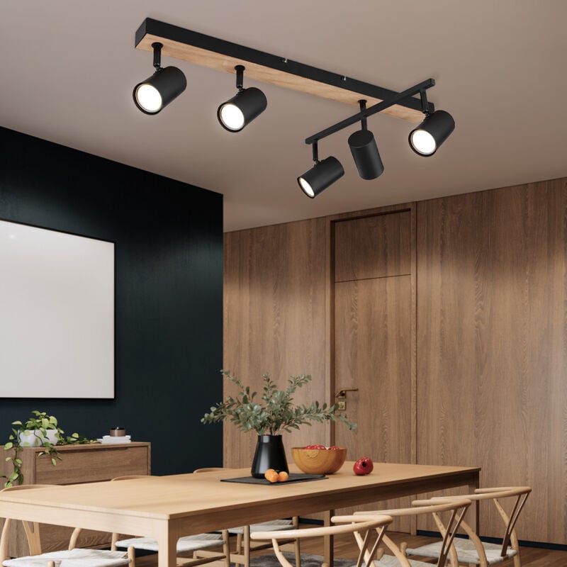 Spot de plafond plafonnier spot noir bande spot 5 flammes, métal mdf aspect bois scandinave, 5x douilles GU10, LxPxH 70x35x18cm