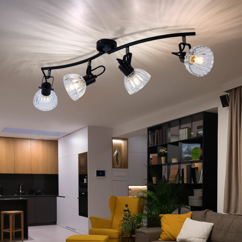 Spot de plafond Spot bar noir Plafonnier 4 flammes Plafonnier salon, spots orientables, métal verre, 4x E14, LxH 70 x 18 cm