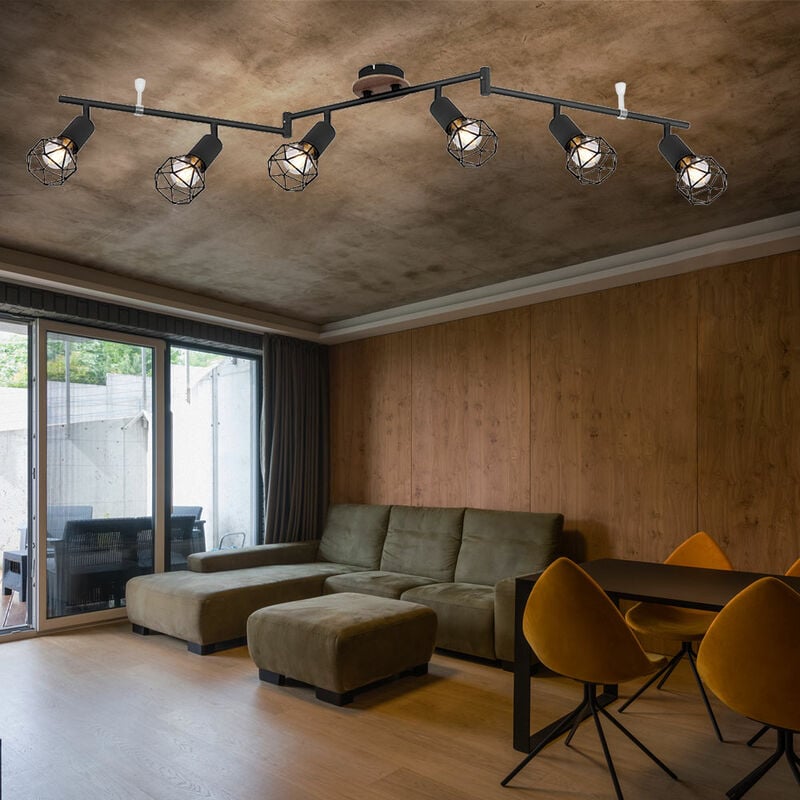 Spot de plafond vintage en bois à 6 lampes en métal noir, spots mobiles, aspect bois rétro marron, 6 douilles E14, HxLxP 24,5x116x10 cm
