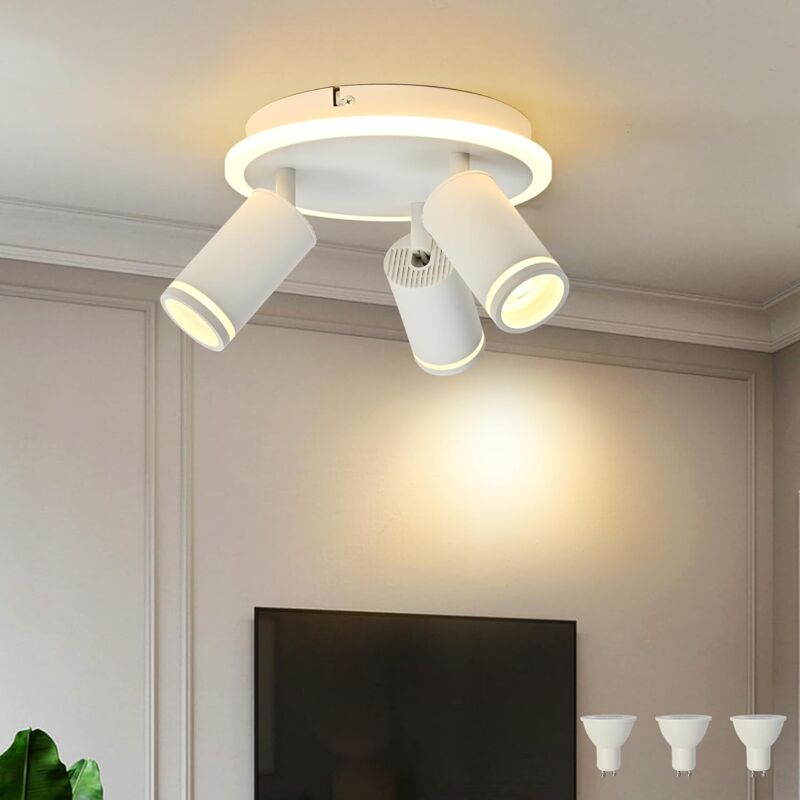 Spot d'intérieur-Plafonnier led 3 Spots,Rond Spot de plafond Pivotants & Orientable,Moderne Éclairage luminaire avec lueur inférieure 8W+3GU10