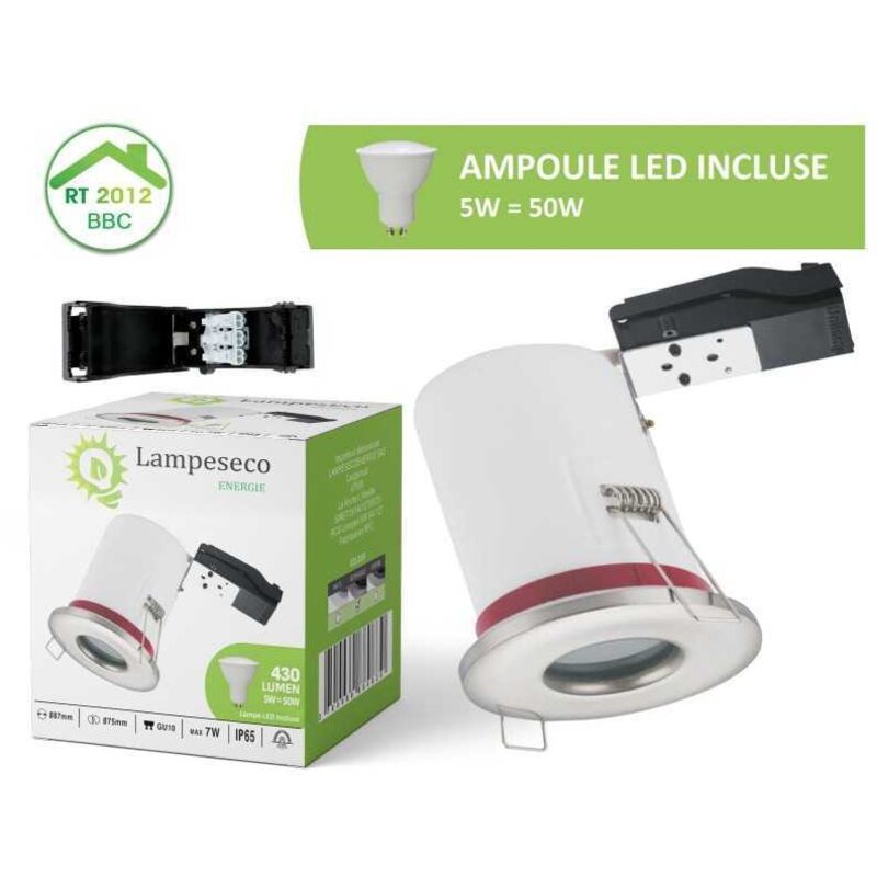 Lampesecoenergie – Spot encastrable étanche IP65 87mm – Inox – Douille GU10 – Ampoule LED 5W 3000K – Installation facile pour pièces humides