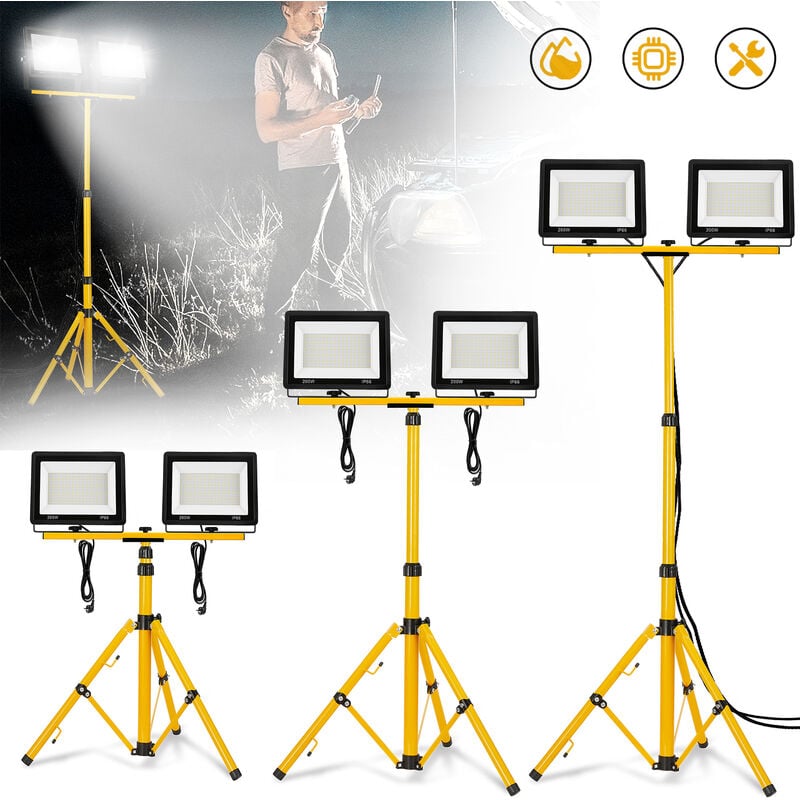 Projecteur portatif Projecteur led blanc froid 2x200W avec trépied, projecteur pour intérieur et extérieur avec câble d'alimentation 3m, IP66 Hengmei