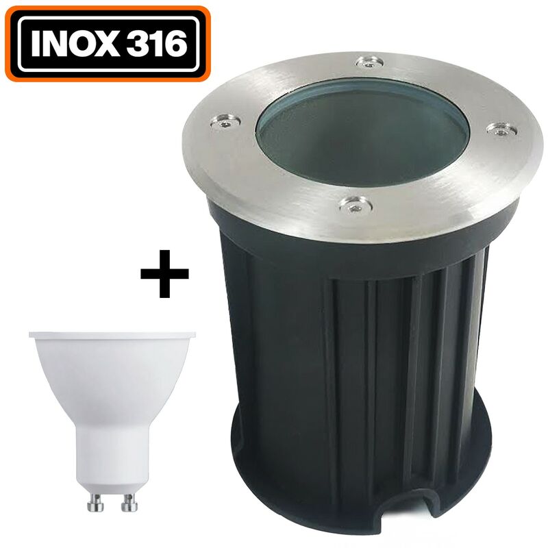 

Foco empotrable de suelo redondo acero inoxidable 316 Exterior IP65 + Bombilla GU10 5 W Blanco neutro 4500 K