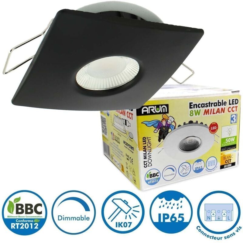Spot Encastrable led 8W milan cct IP65 IK07 Collerette Carrée Noire avec Transformateur Dimmable