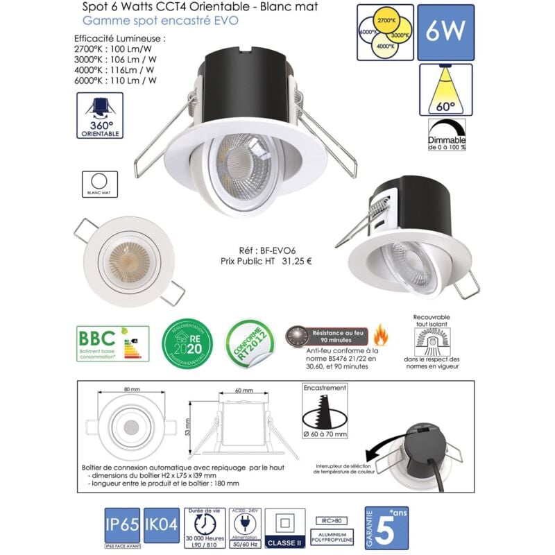 Spot encastré 6 Watts Orientable 360° Finition blanc mat bf-light BF-EVO6