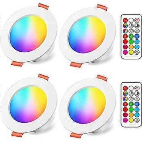 Spot encastré LED 10 W (équivalent à 80 W) RGB à intensité variable, couleur RGBW, IP44, 3000-6500 K, rond, télécommande, encastré (lot de 4)