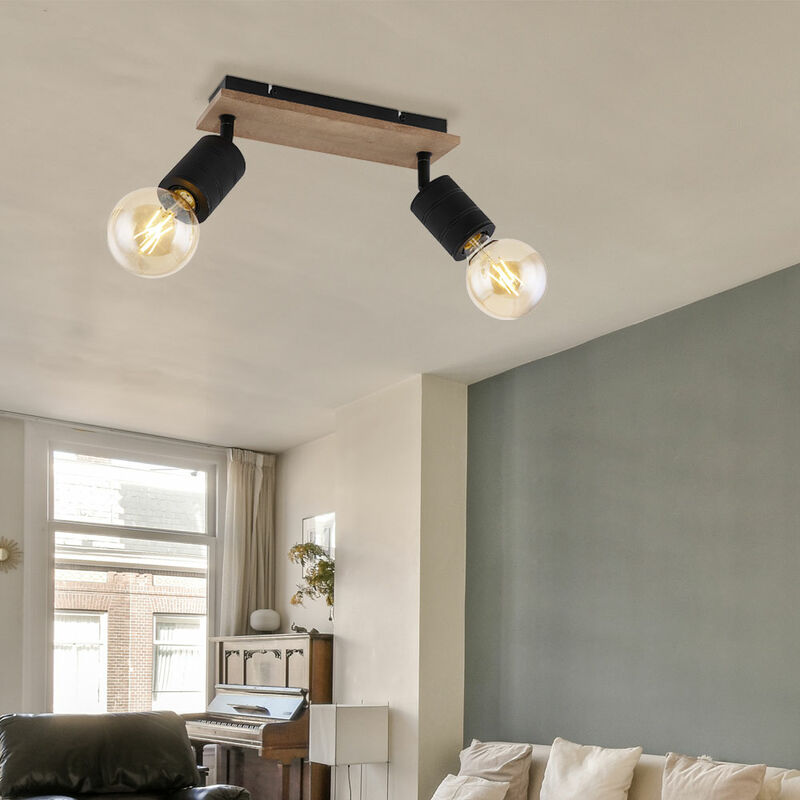 Spot, lampe de salon, plafonnier, 2 spots flamme, mobile, aspect bois, métal noir, 2x douilles E27, LxPxH 31x10x18 cm