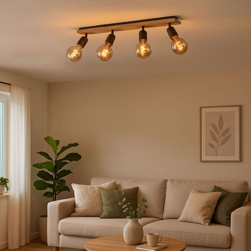 Spot, lampe de salon, plafonnier, spots à 4 flammes, mobile, aspect bois, métal noir, 4x douilles E27, LxlxH 80x10x18 cm