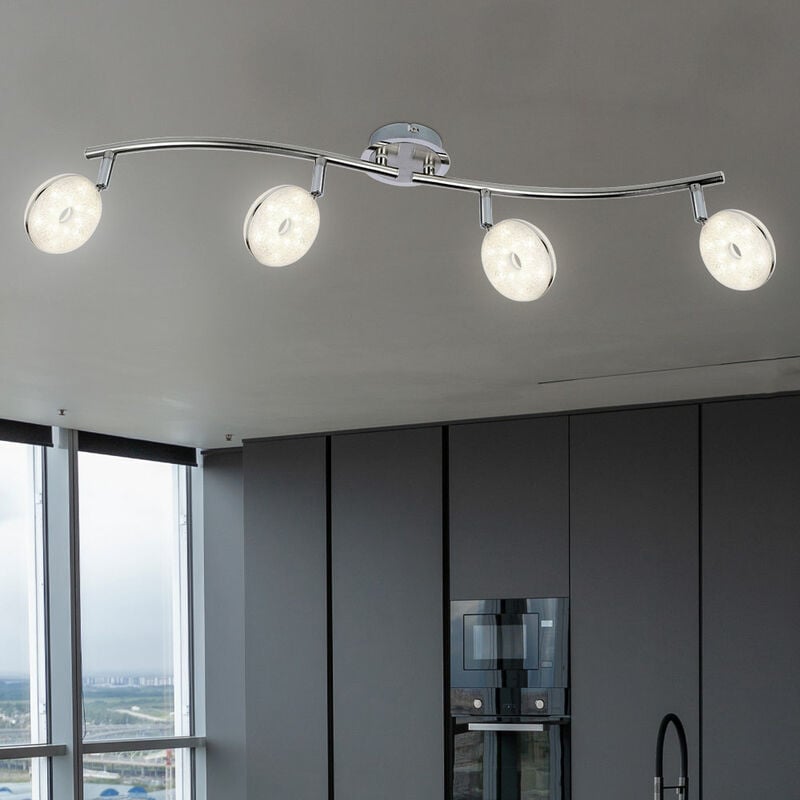 Image of Spot led barra 4 faretti plafoniera orientabile Lampada da soffitto moderna, cristalli in vetro cromato, 4x 6W 475Lm bianco caldo, LxH 70x18,5 cm