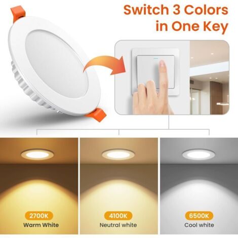 Spot LED Encastrable 7W 600LM IP44, Plafonnier à couleur variable (2700-4100-6500K) pour Salle de Bain, Profondeur 27mm, Diamètre Ø75-95mm, Lot de 6