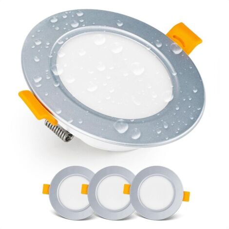 Spot LED Encastrable Downlight LED spots de plafond IP54 Pour Salle de Bain, locaux humides, Blanc chaud 3000K Lot de 3 Spot LED Extra Plat Ronds 7 Watt (7W) / 700 Lumens, Argenté