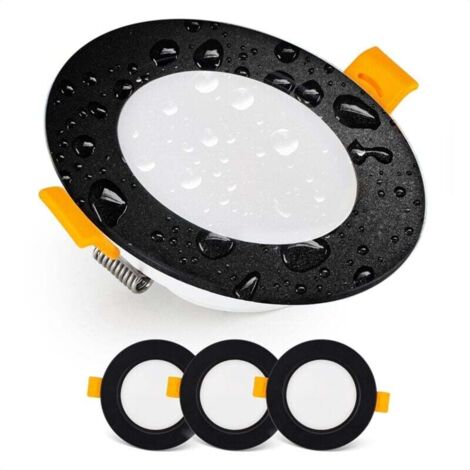Spot LED Encastrable Downlight LED spots de plafond IP54 Pour Salle de Bain, locaux humides, Blanc chaud 3000K Lot de 3 Spot LED Extra Plat Ronds 7 Watt (7W) / 700 Lumens, Noir