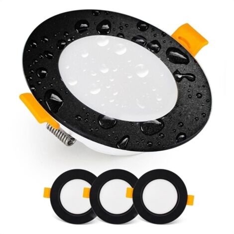 Spot LED Encastrable Downlight LED spots de plafond IP54 Pour Salle de Bain, locaux humides, Blanc chaud 3000K Lot de 3 Spot LED Extra Plat Ronds 7 Watt (7W) / 700 Lumens, Noir-LIAIKI