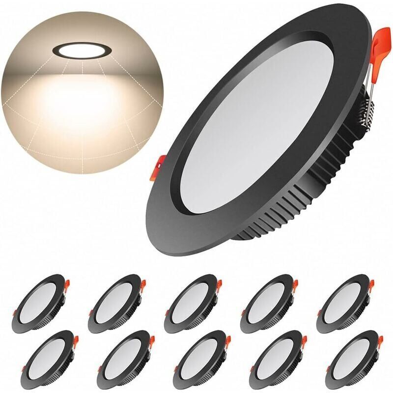 Spot Led Encastrable Noir Extra Plat, 10 Pack 7W , IP44, 3000K Blanc Chaud, AC 220-240V,Découpe 7-8.5CM,Rond ultraslim plafond encastré Pour salle de