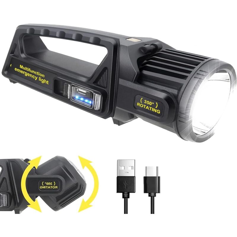 Spot LED rechargeable 130 0000 lumens avec tête rotative à 350 °, 9 modes, super lumineux, lampe de poche solaire étanche IPX6 pour urgences [Classe