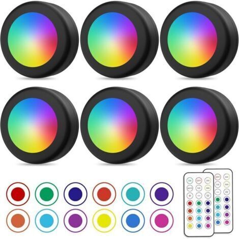 Spot LED Sans Fil, Couleurs Lampe Placard avec Telecommande, Eclairage Batterie Armoire Lumiere Cuisine Sous Meuble, Veilleuse Réglable LED, Lot de 6