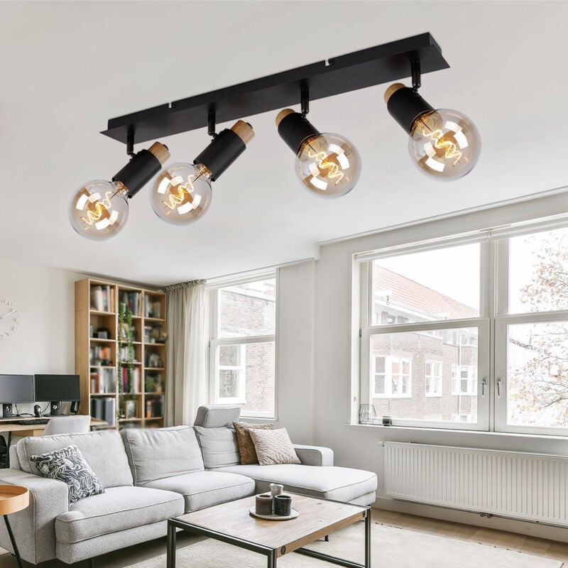Plafonnier Spots orientables Spot de plafond en bois à 4 flammes, noir, métal, 4x E27 douilles, LxlxH 80x14,5x65,5 cm