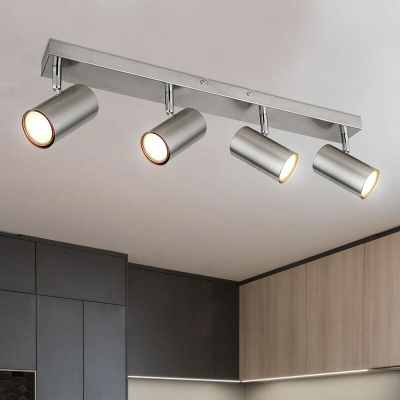 Spot plafond 4 flammes argent plafonnier 4 flammes GU10 plafonnier salon moderne, orientable, métal, 4x GU10, LxPxH 56x6x12 cm