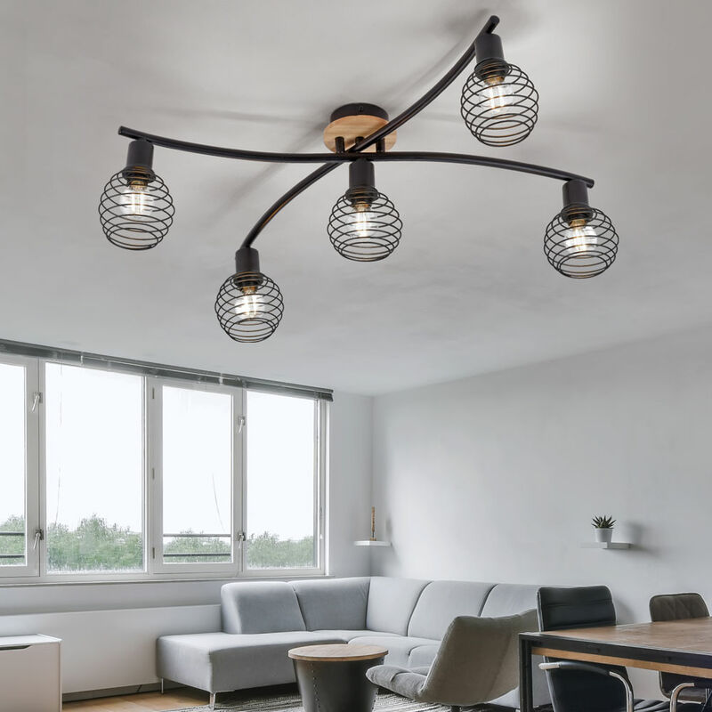 Spot plafond 5 flammes spots noir plafonnier plafonnier noir, accent bois, écrans cage, 5x douilles E14, l 70 cm