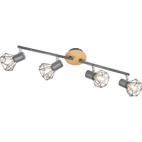 Spot RAN E14 4x25W gris métal mat, aspect bois chêne clair L:60cm l:11cm H:18cm dimmable
