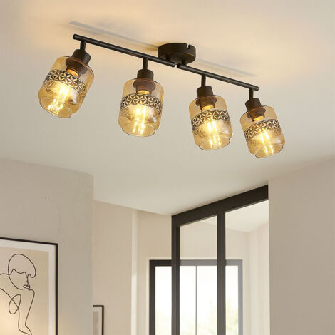 Spotleiste 4-Flammig Retro Deckenleuchte Glas amber Deckenlampe schwarz schwenkbar, Metall, 4x E27 Fassung, LxBxH 70,5x11x25 cm