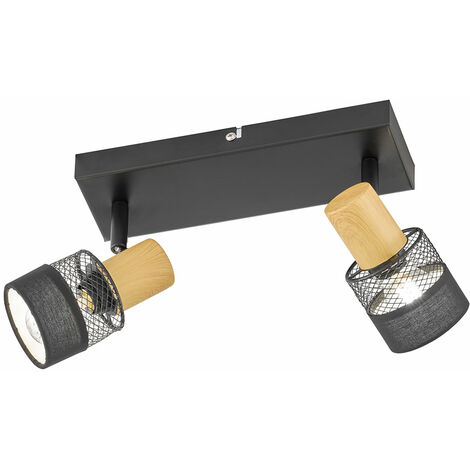 Spotleuchte Wohnzimmerlampe Deckenleuchte 2 flammig beweglich Holzoptik, Eisen Stahl schwarz, 2x E14 Fassungen, LxBxH 38,5x8x17 cm, WOFI 11650