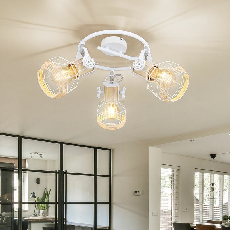 Spotrondell Plafonnier 3 spots orientable pour salon blanc, aspect bois métal, 3 douilles E27, d 25 cm