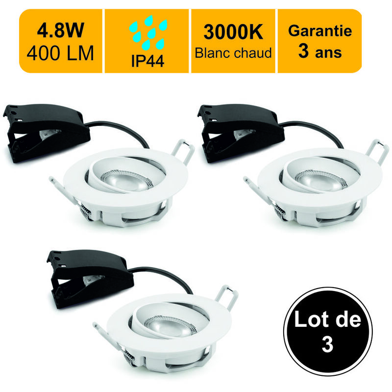 Lutece-Arc – Lot de 3 spots LED encastrables IP44 orientables 30° – 4,8W 400 lm blanc chaud 3000K – Installation facile en série – Garantie 3 ans