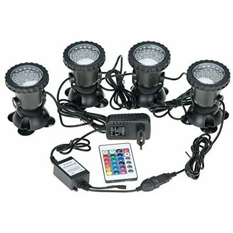 Spots sous-marins étanches multicolores RVB pour aquarium avec télécommande pour bassin de jardin, aquarium, piscine, prise britannique (lot de 4 lumières)