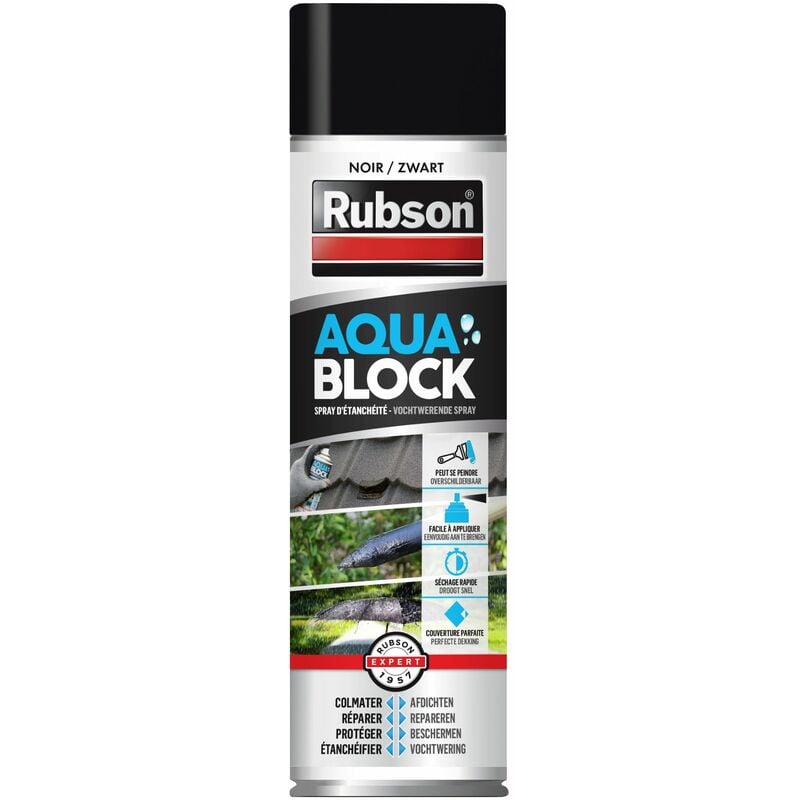 Rubson - Aquablock Revêtement d'Étanchéité en Spray Noir 300 ml, spray d'étanchéité pour colmater fuites et fissures, caoutchouc liquide pour