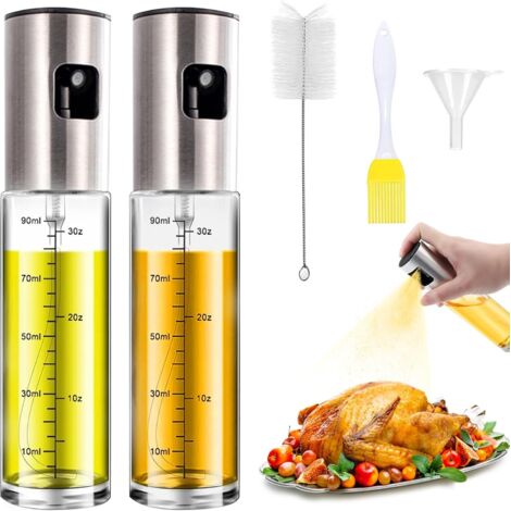 Spray d'huile Renforcé 2 Pièces, 100ml Spray Huile Cuisine, Vaporisateur Huile Pour Salade, BBQ, Cuisson Dans La Cuisine, avec 1 Brosse, 1 Entonnoir, 1 Brosse à huile