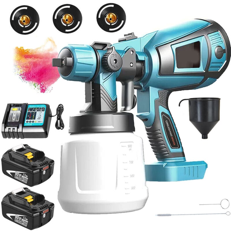 Mawiron - Spray gun, 1000ml hvlp cordless spray gun, airless spray gun+2 5500mAh batteries+DC18RC charger - compatible with Makita batteries