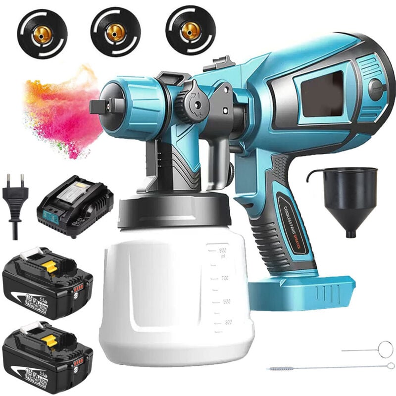 Spray gun, 1000ml HVLP cordless spray gun, airless spray gun+2 5.5Ah batteries+fast charger - compatible with Makita batteries