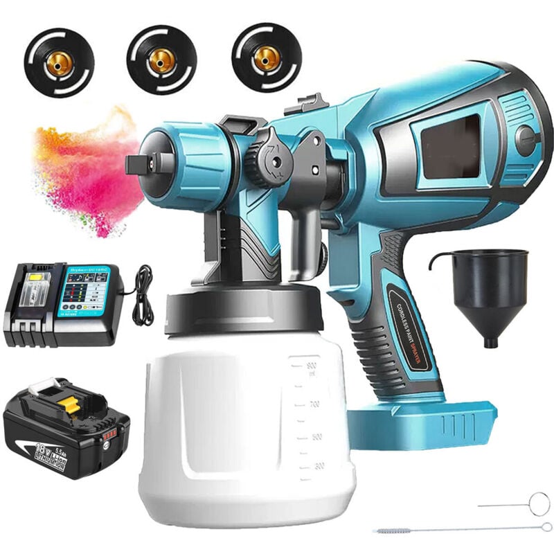 Mawiron - Spray gun, 1000ml hvlp cordless spray gun, airless spray gun+5500Ah battery+DC18RC charger - compatible with Makita battery