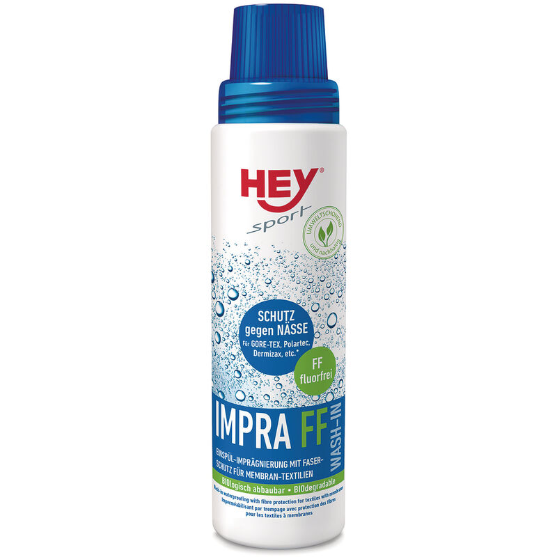 Spray Impra FF HEY Sport Wash-In, Imperméabilisant liquide à intégrer au lavage avec protection des fibres pour textiles à membrane.