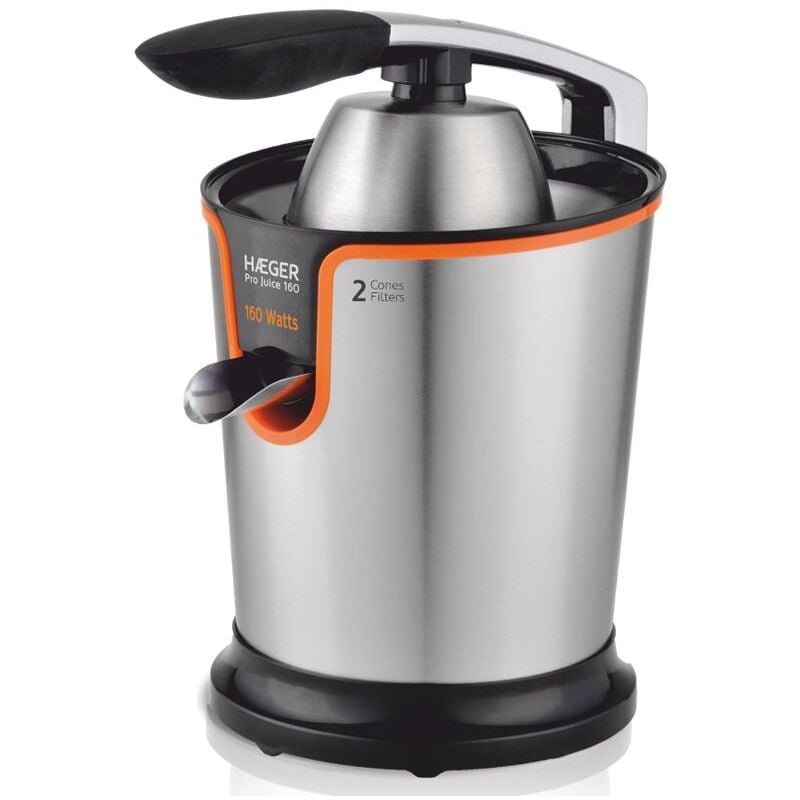 Spremiagrumi haeger pro juice 160w - movimento bidirezionale - 2 coni - manico/corpo e filtro in acciaio inox - parti lavabili in lavastoviglie