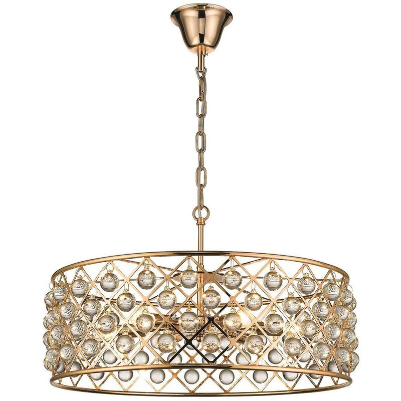 6 Light Large Ceiling Pendant Gold, Clear with Crystals, E14 - Spring Lighting