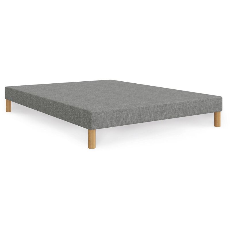 Mobilier Deco - spring - Sommier tapissier 140x190 tissu gris piètement en bois