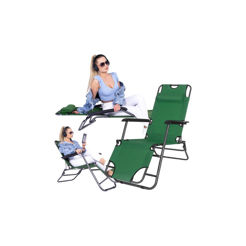 Chaise longue avec appui-tête et accoudoirs, petite chaise longue de jardin en métal, pliable, étroite Fauteuil inclinable d'été - Springos