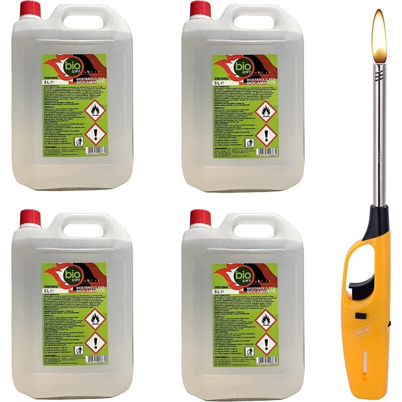 4 pie'ces - 20 litres - Bioe'thanol combustible poeles Bio Sprint 5 litres 99,9 % inodore sans fumee' naturelle sans soufre + briquet gratuit