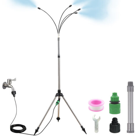 [Sprühnebelsystem] [Direktpreis] Sprühnebelset für den Außenbereich mit 4 Düsen, 8 m langem 360°-Schlauch und 3/4"-Stecker, verstellbarem Erdspieß für Terrasse/Garten/Gewächshaus – Kühlmittel und Rein